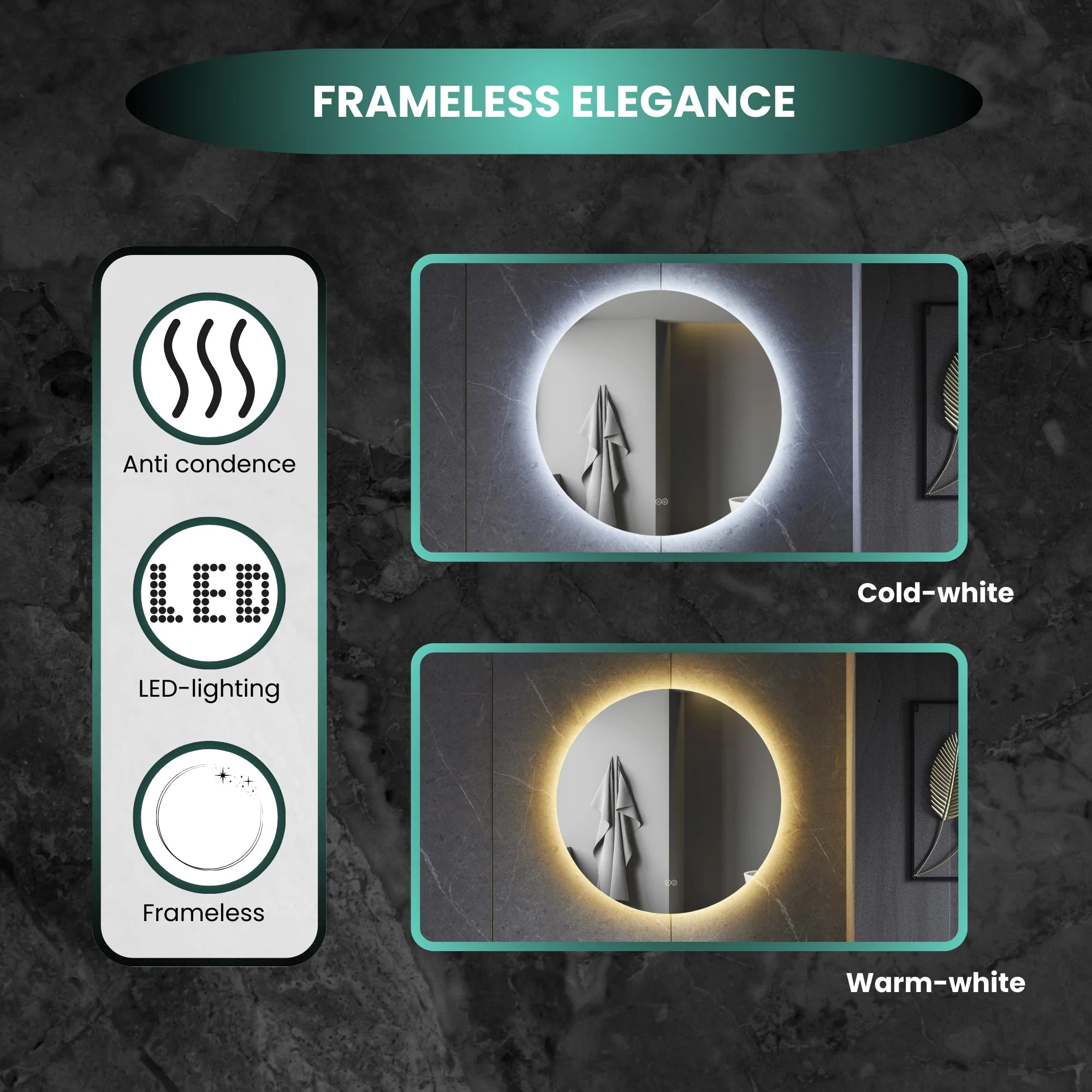 Smart Mirror 80cm - Frameless, LED Lighting, Anti-Fog &amp; Wi-Fi