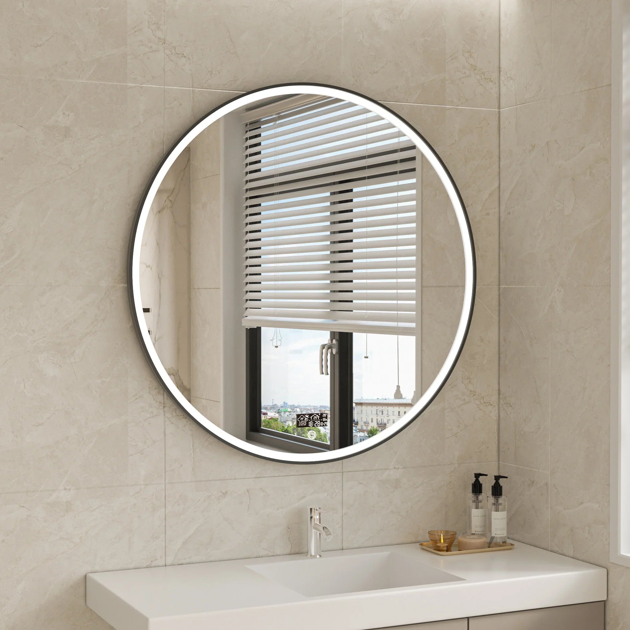 Smart Mirror Round 100 cm Black Frame with LED Lighting, Anti-Fog &amp; Wi-Fi