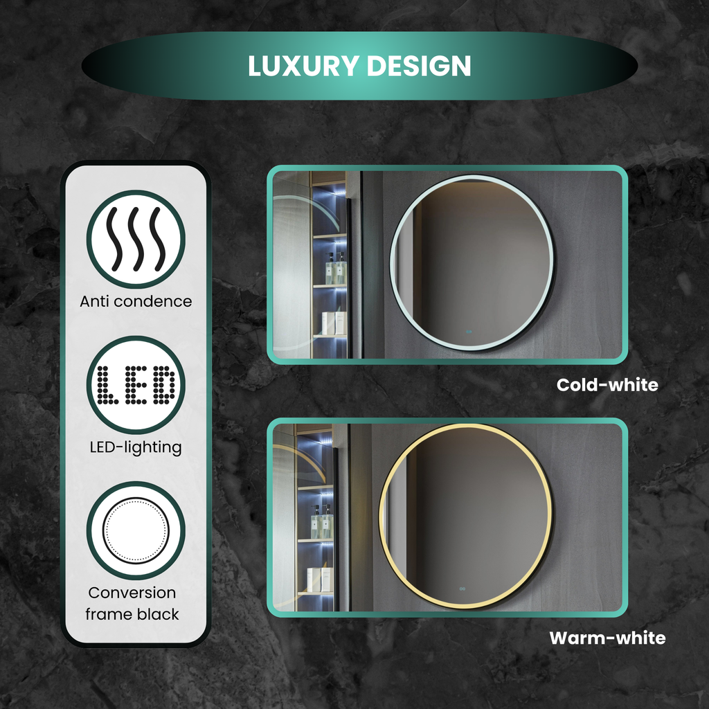 Smart Mirror Round 100 cm Black Frame with LED Lighting, Anti-Fog &amp; Wi-Fi