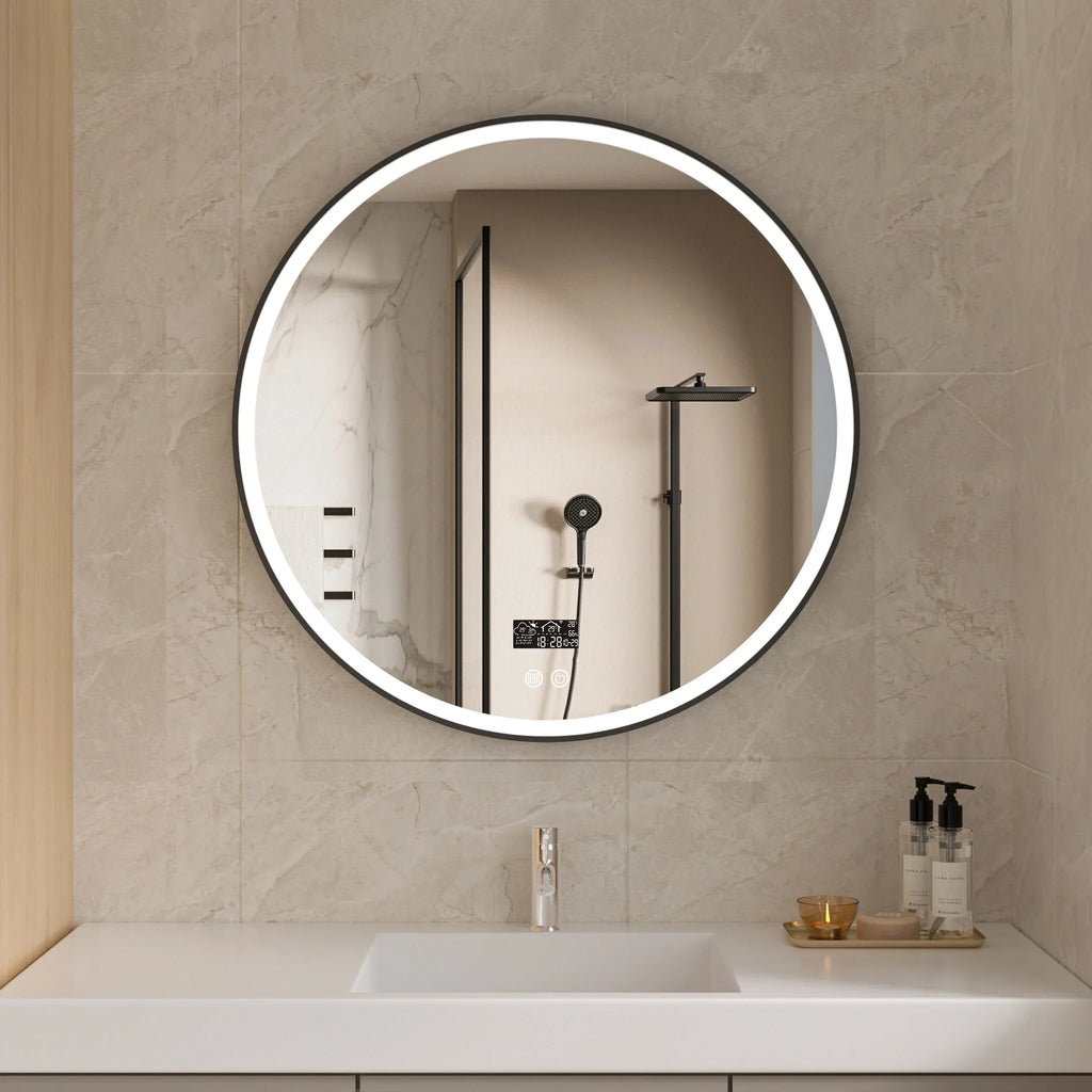 Smart mirror 80cm round with black frame, LED lighting, anti-condensation and Wi-Fi