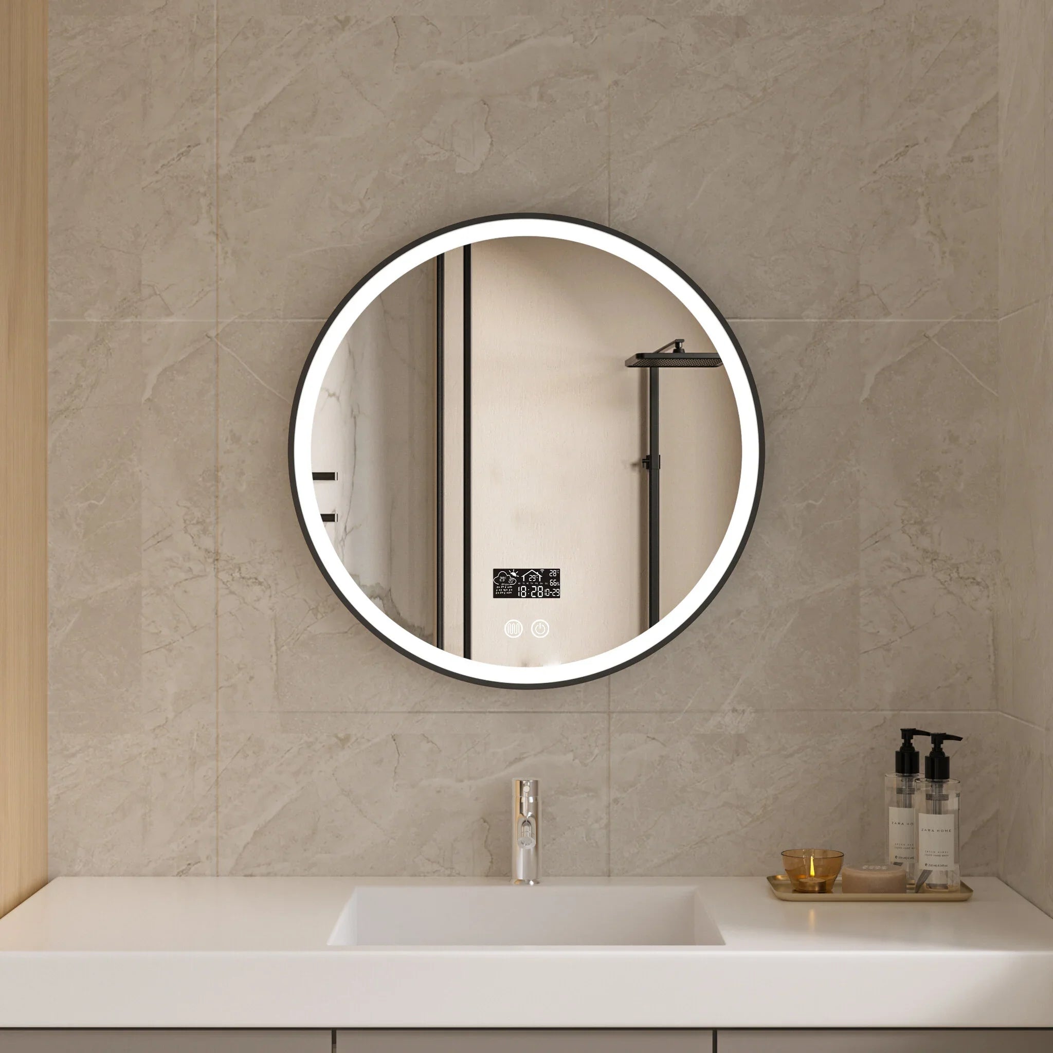 Smart mirror 80cm round with black frame, LED lighting, anti-condensation and Wi-Fi