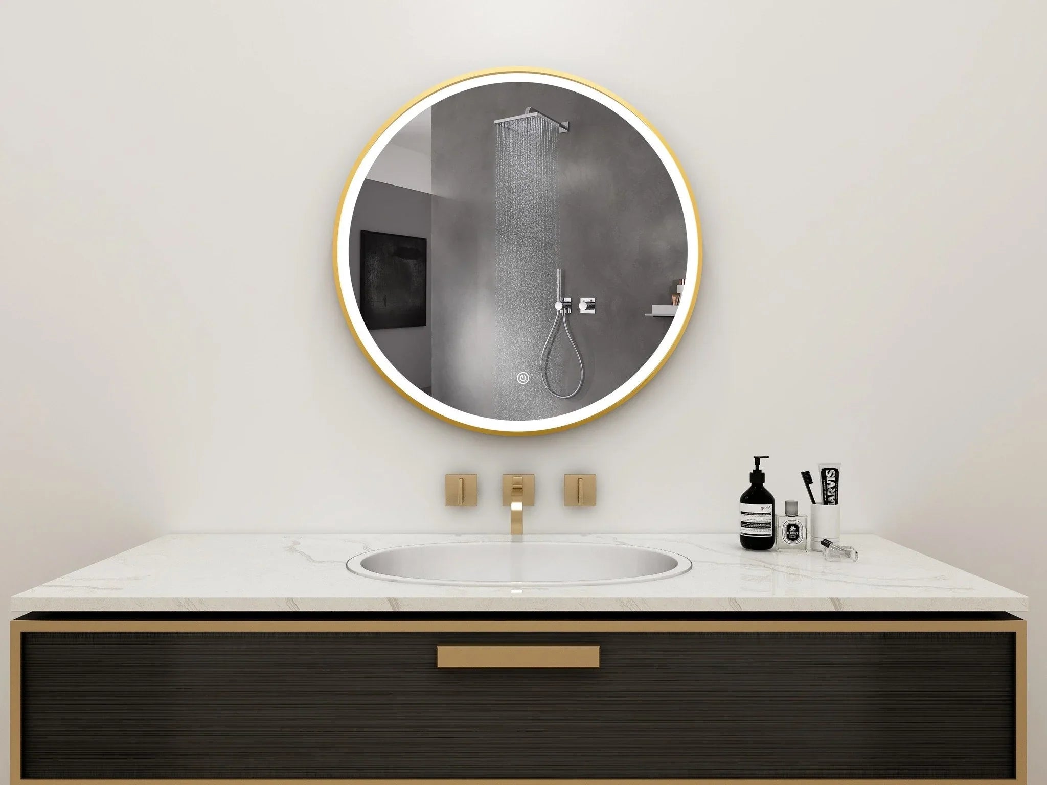 Round Mirror 80 cm with Gold Frame, LED Lighting &amp; Anti-fog Function