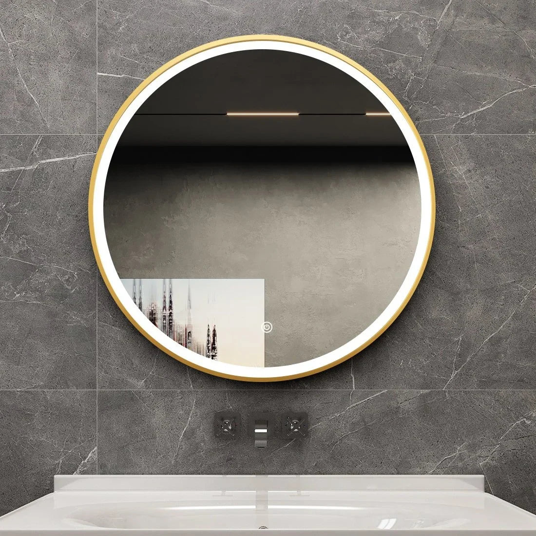 Round Mirror 80 cm with Gold Frame, LED Lighting &amp; Anti-fog Function