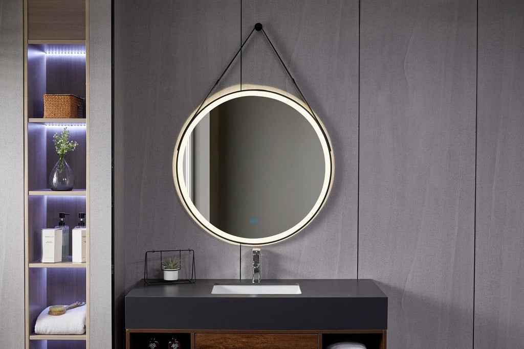 Round Mirror 80 cm with Stylish Black Strap, Built-in LED Lighting and Anti-fog Function