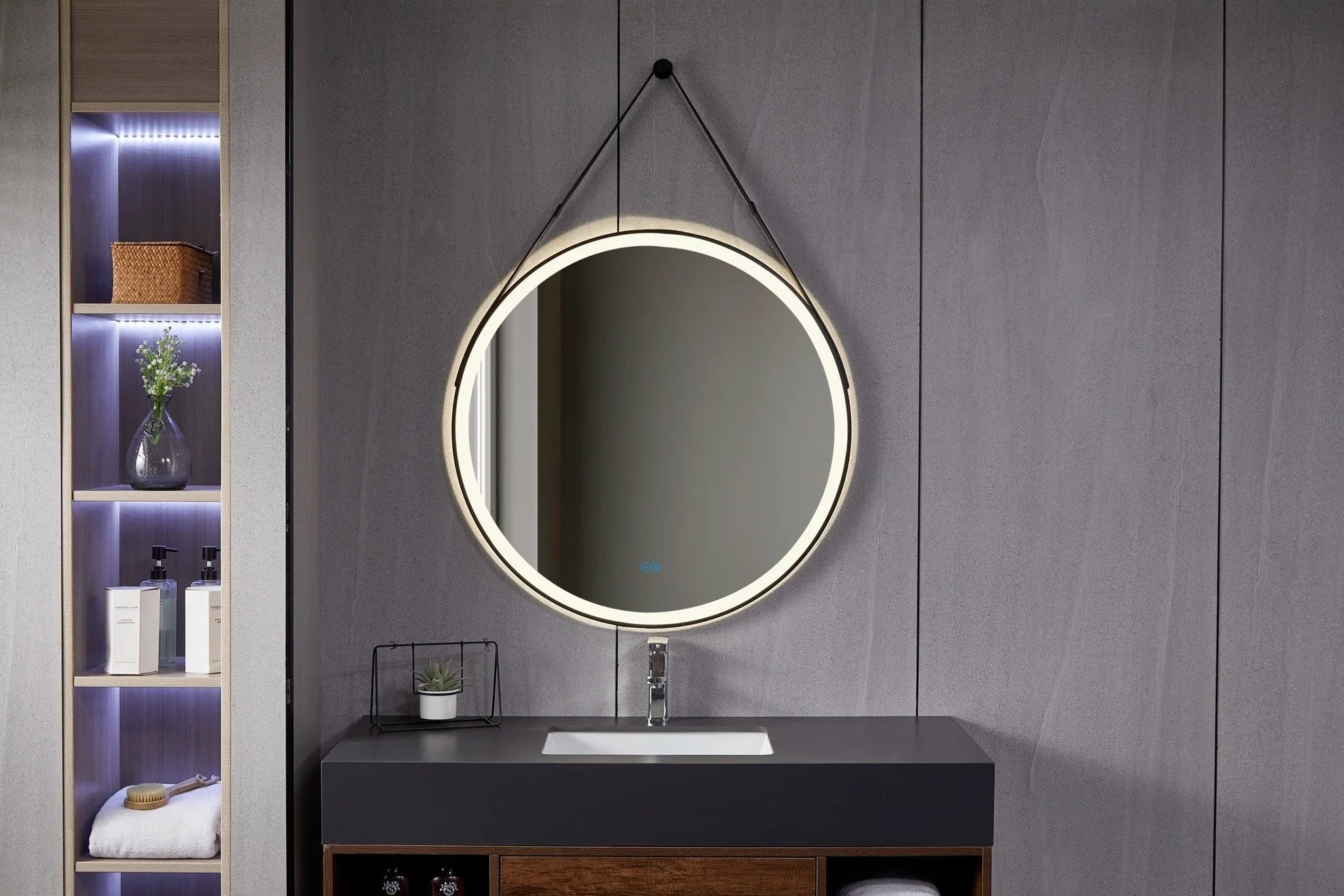 Round Mirror 80 cm with Stylish Black Strap, Built-in LED Lighting and Anti-fog Function