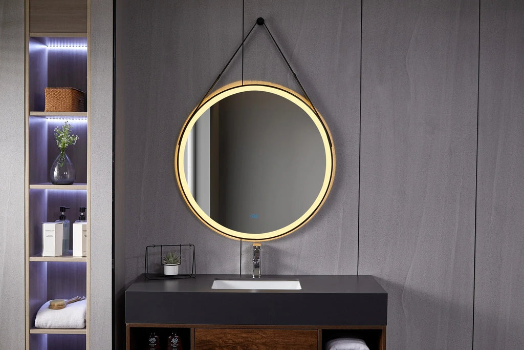 Round Mirror 80 cm with Stylish Black Strap, Built-in LED Lighting and Anti-fog Function