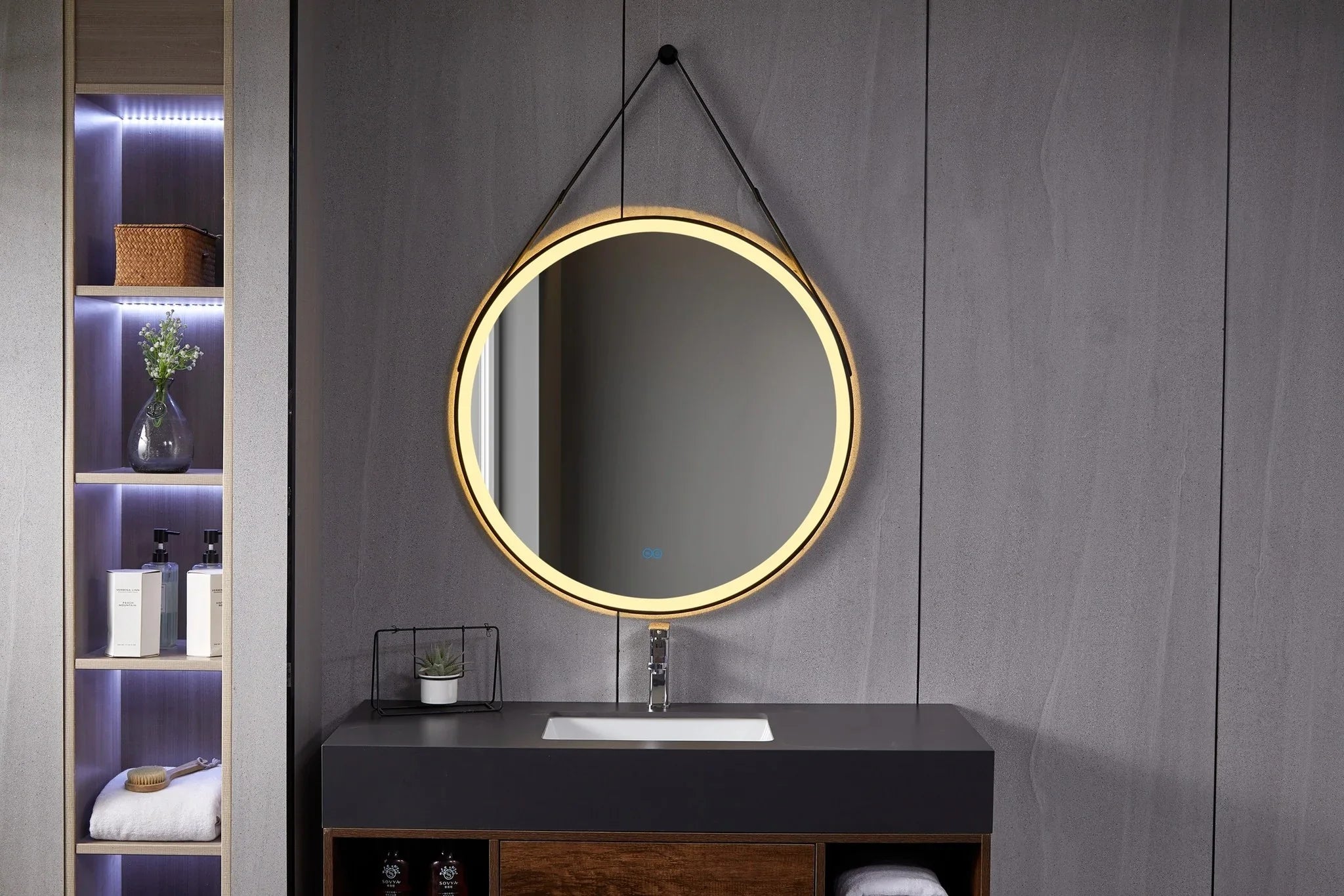 Round Mirror 80 cm with Stylish Black Strap, Built-in LED Lighting and Anti-fog Function