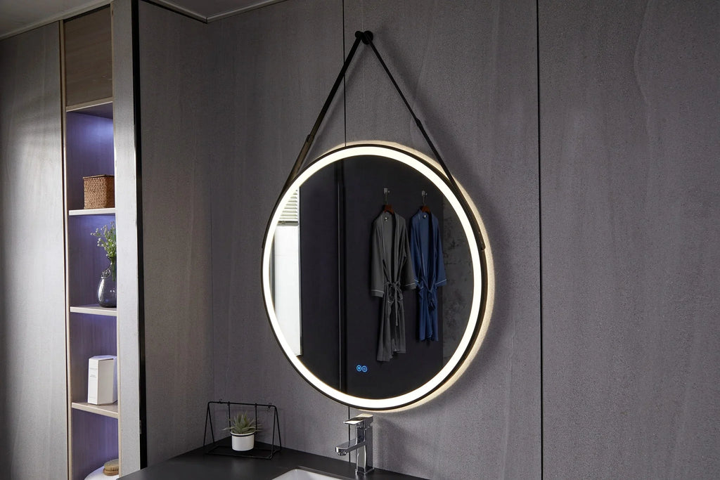 Round Mirror 80 cm with Stylish Black Strap, Built-in LED Lighting and Anti-fog Function