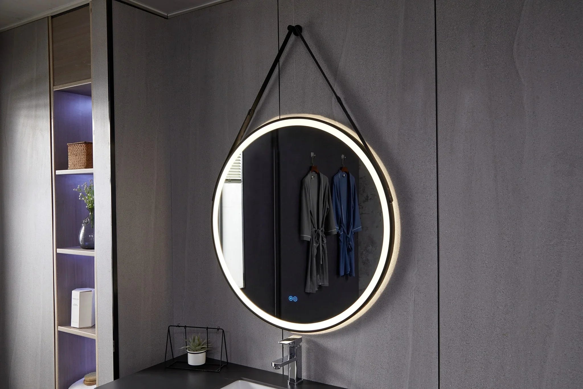 Round Mirror 80 cm with Stylish Black Strap, Built-in LED Lighting and Anti-fog Function