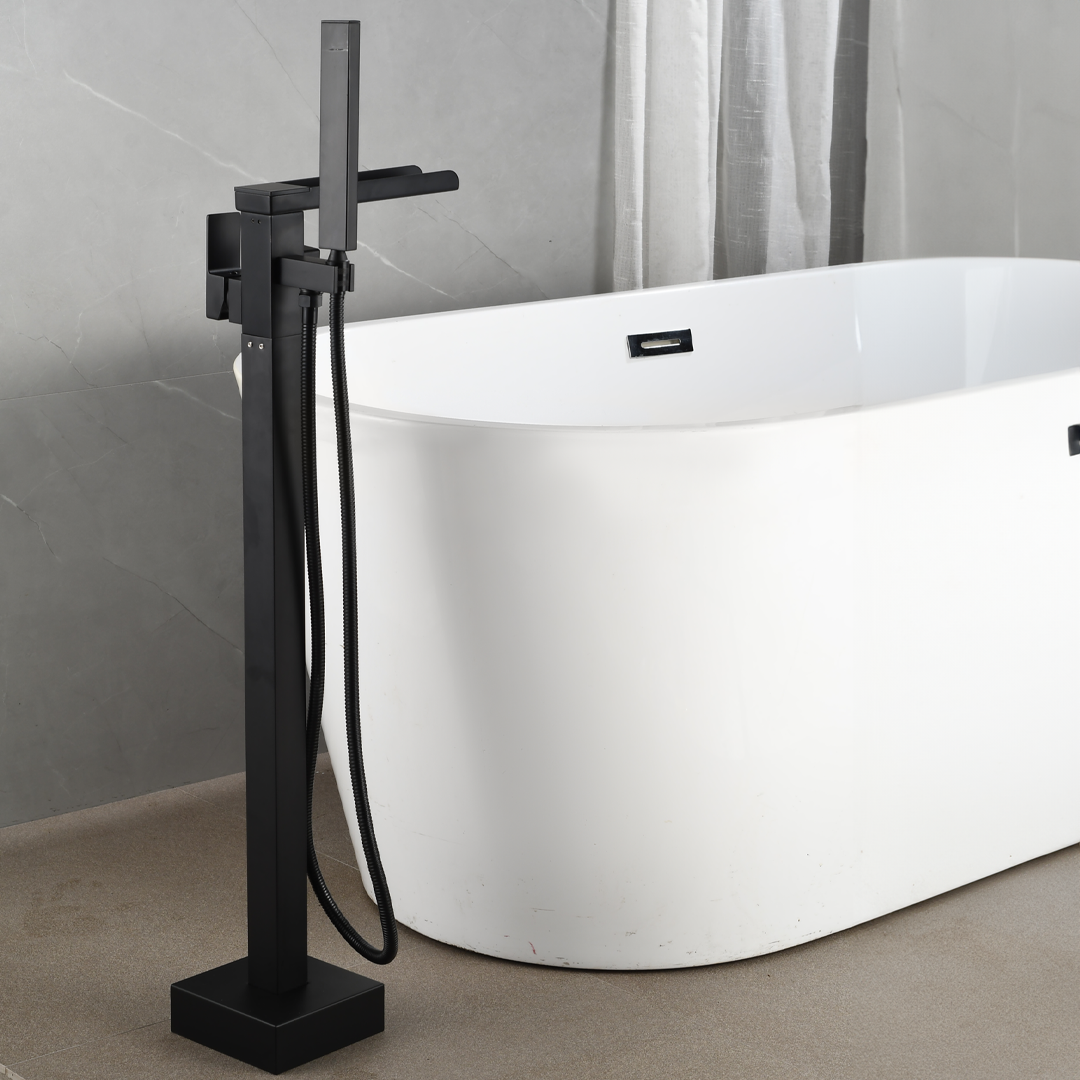 Freestanding bath mixer tap – including hand shower – matt black