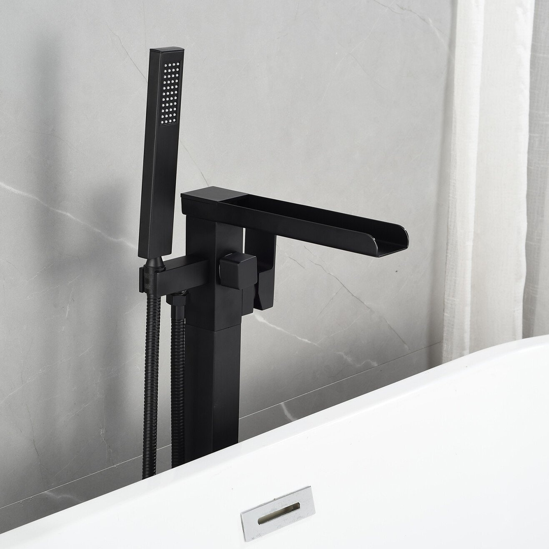 Freestanding bath mixer tap – including hand shower – matt black