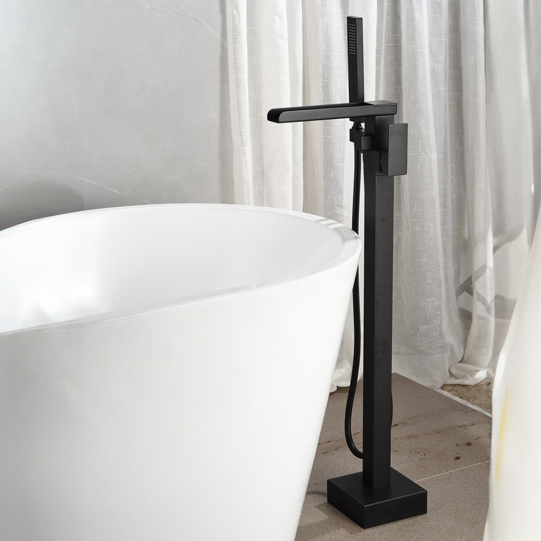 Freestanding bath mixer tap – including hand shower – matt black