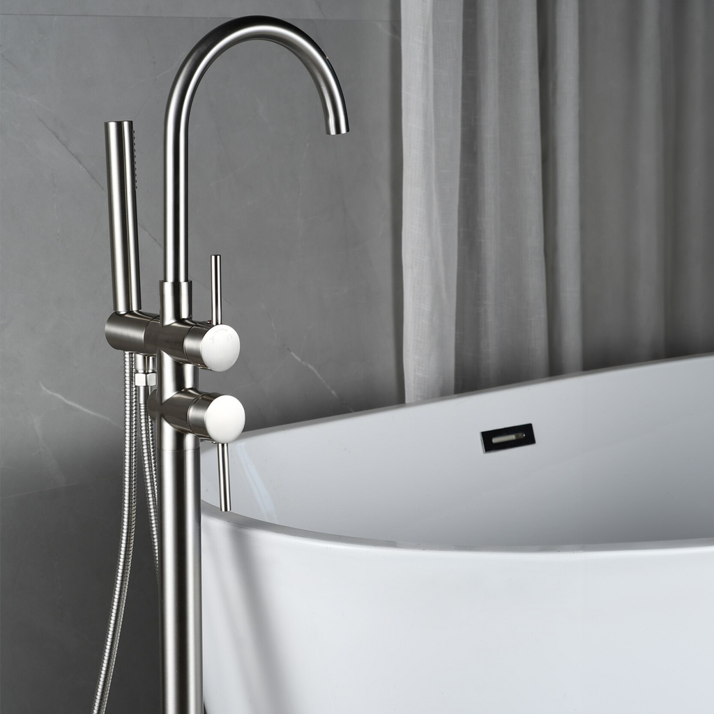 Freestanding bath mixer tap – including hand shower – brushed steel