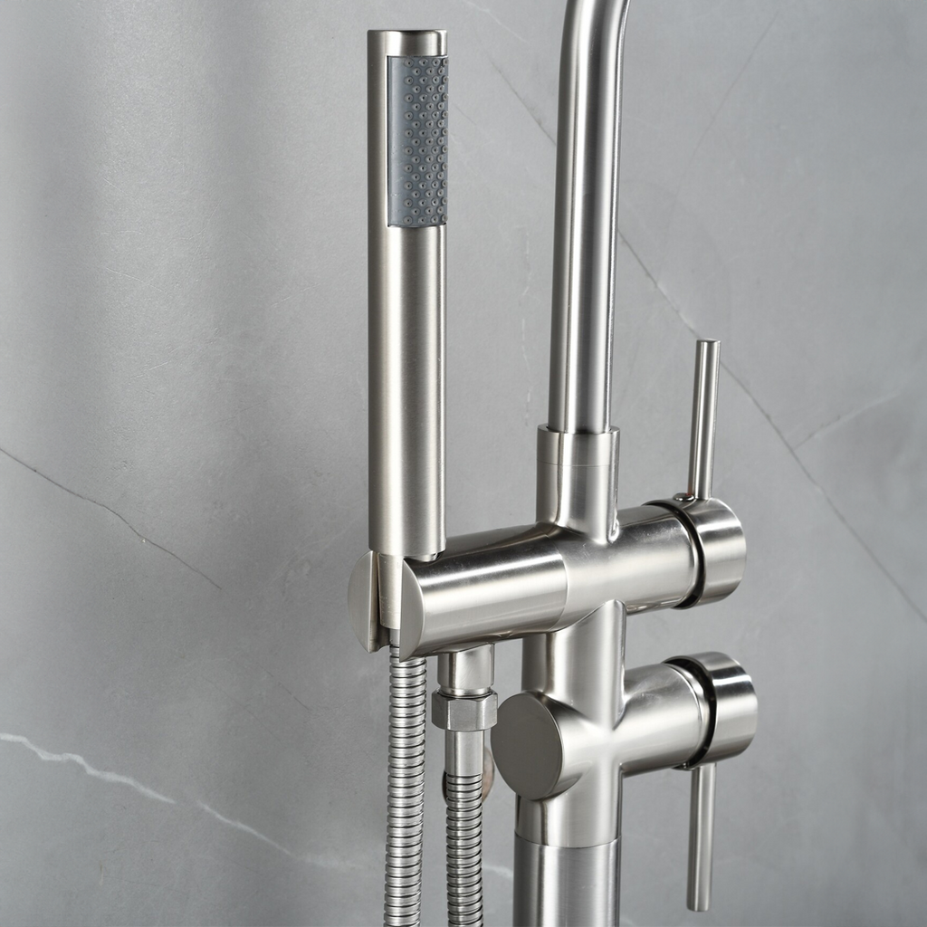 Freestanding bath mixer tap – including hand shower – brushed steel