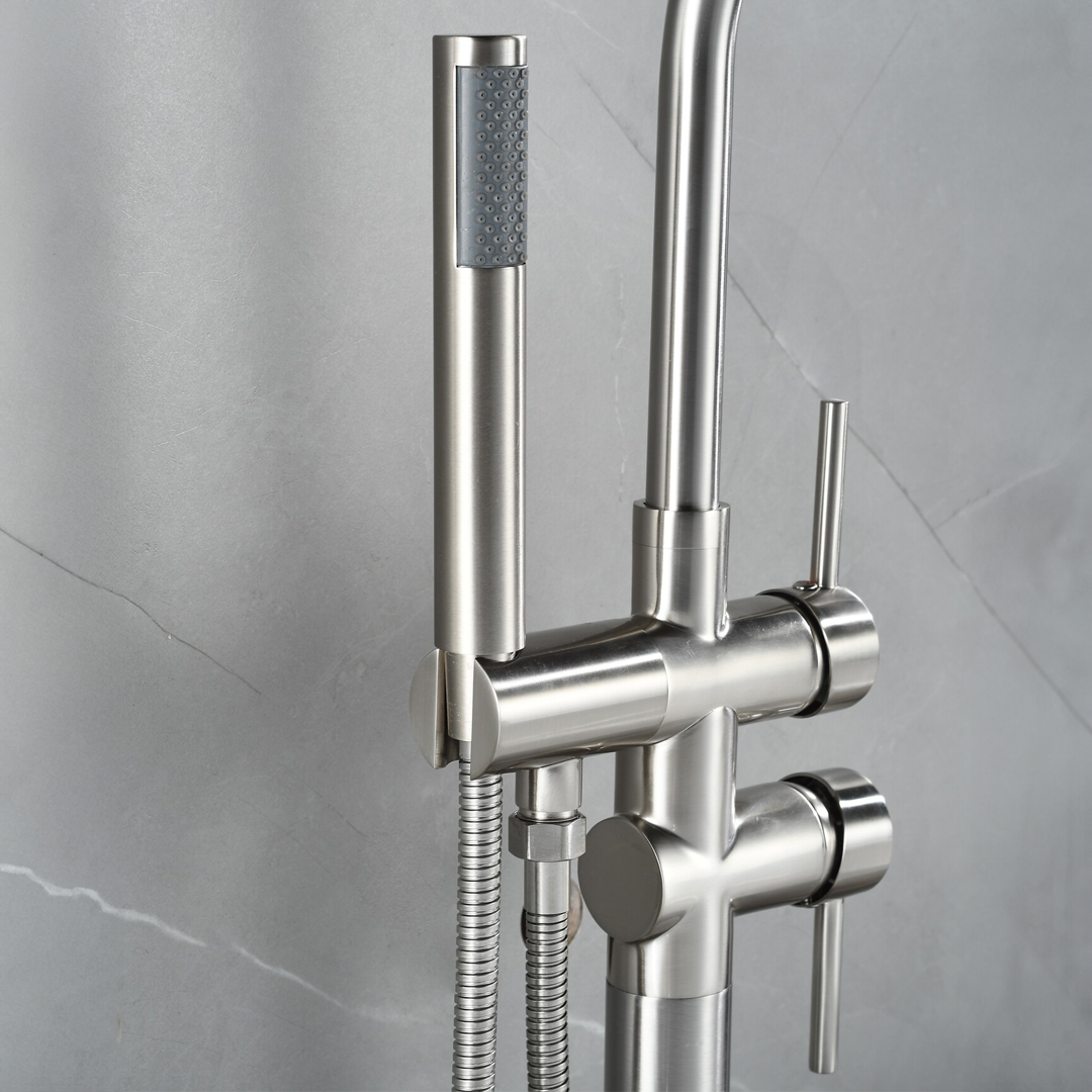 Freestanding bath mixer tap – including hand shower – brushed steel
