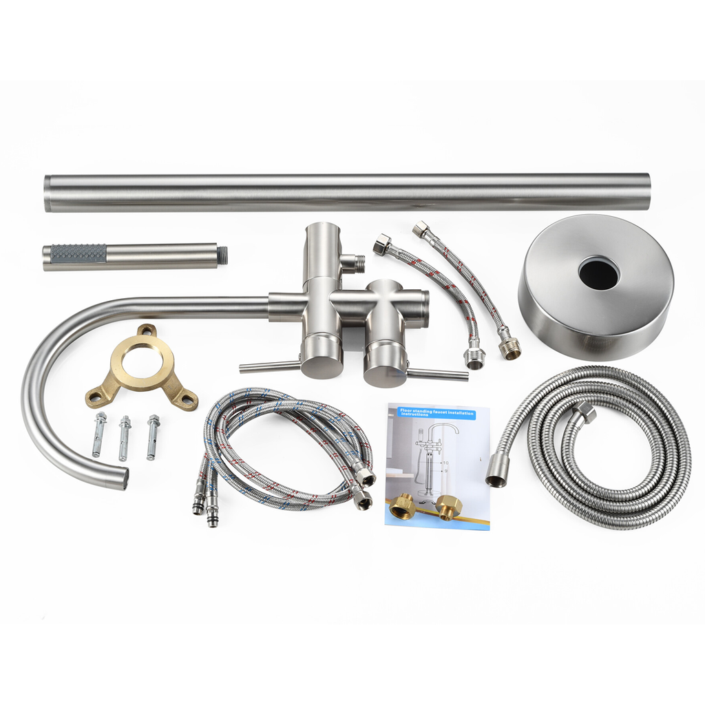 Freestanding bath mixer tap – including hand shower – brushed steel