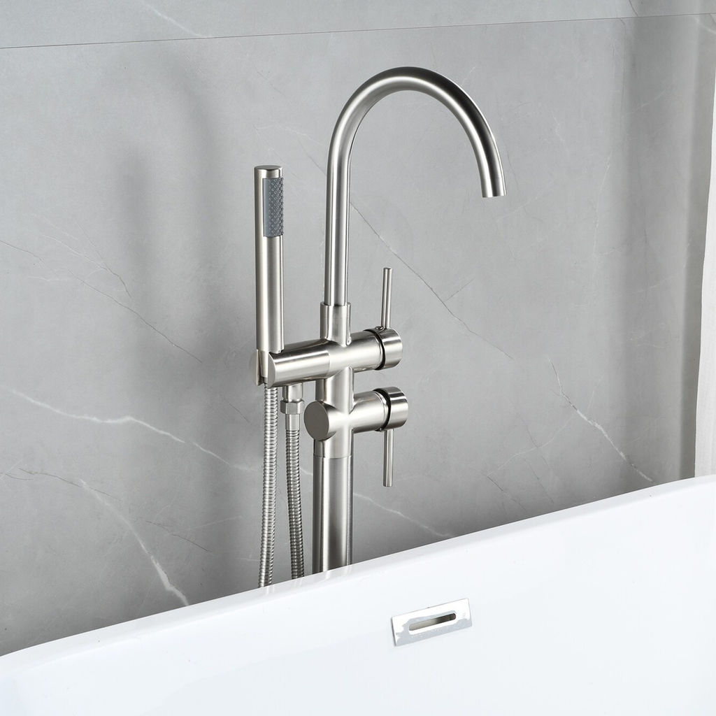Freestanding bath mixer tap – including hand shower – brushed steel