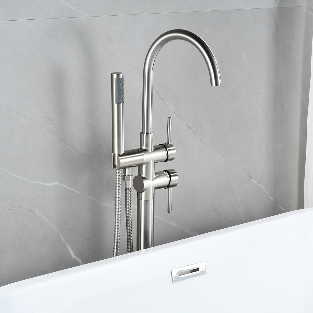 Freestanding bath mixer tap – including hand shower – brushed steel